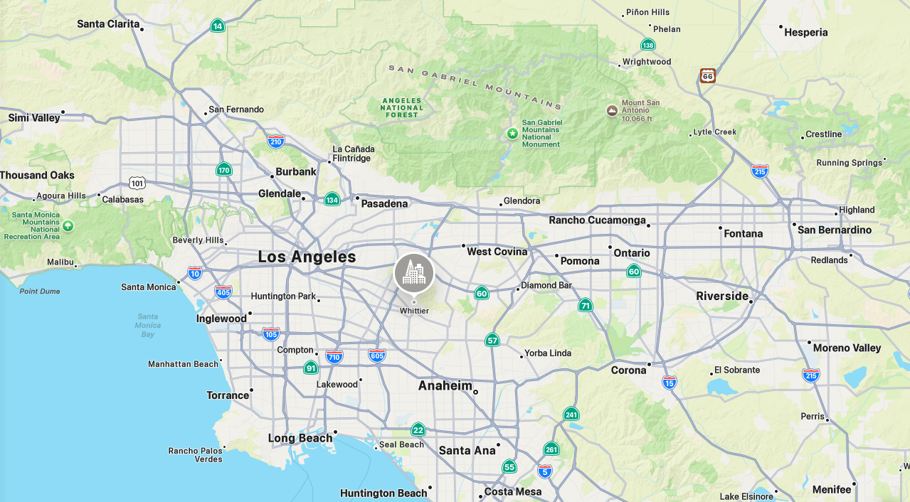 Map of Greater Los Angeles showing JC Electric's service area, centered near Whittier, CA