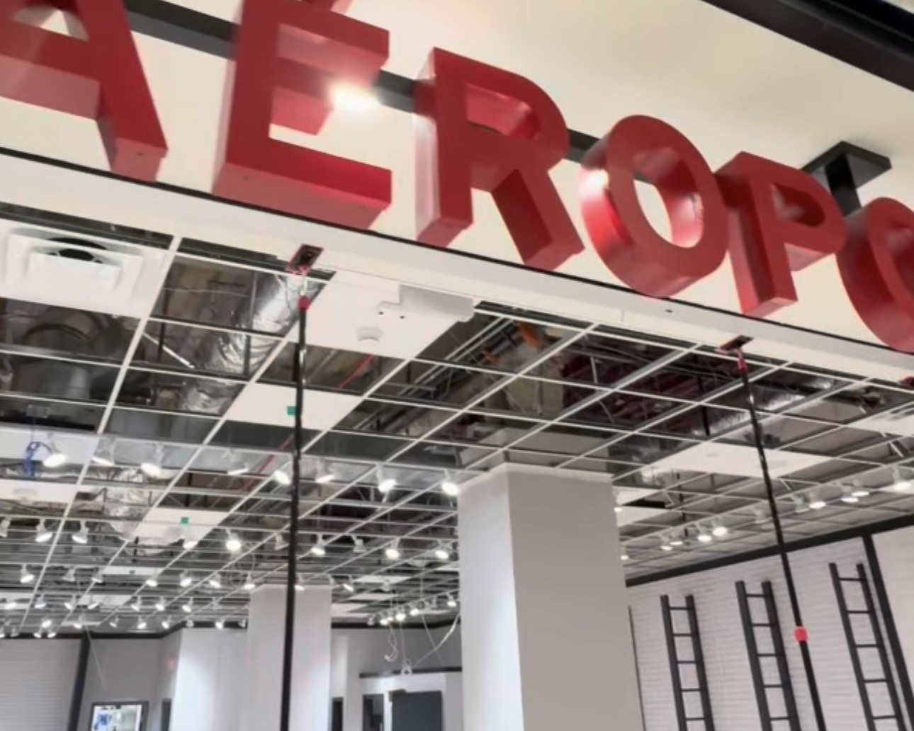 Large red Aéropostale channel letter signage powered and installed