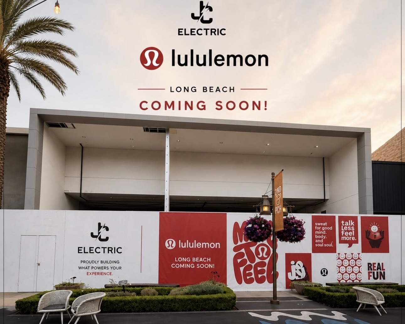 JC Electric and lululemon Long Beach coming soon signage on a storefront under construction